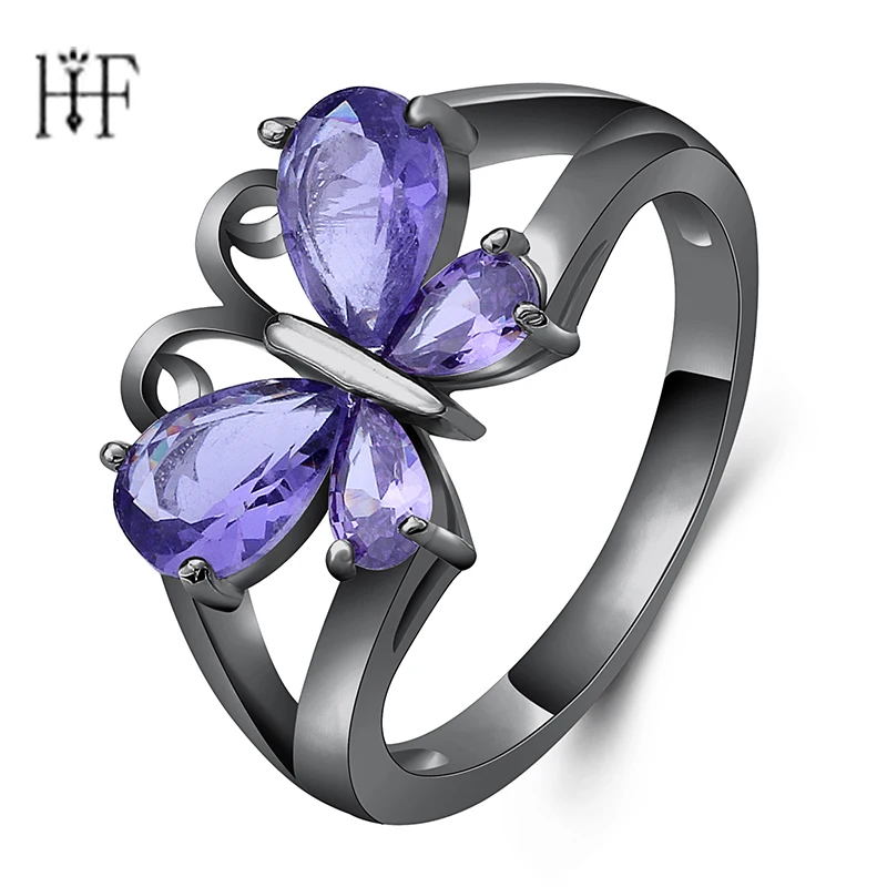 

Elegant Butterfly Shape Purple Zircon Rings For Women Girl Black Gold Filled Wedding Party Engagement Promise Ring Bijoux 4Types