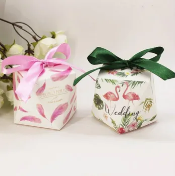 

100pcs New European green style Flamingo Candy Boxes with ribbon bowknots Wedding Favors Bomboniera Party Gift Box paper package