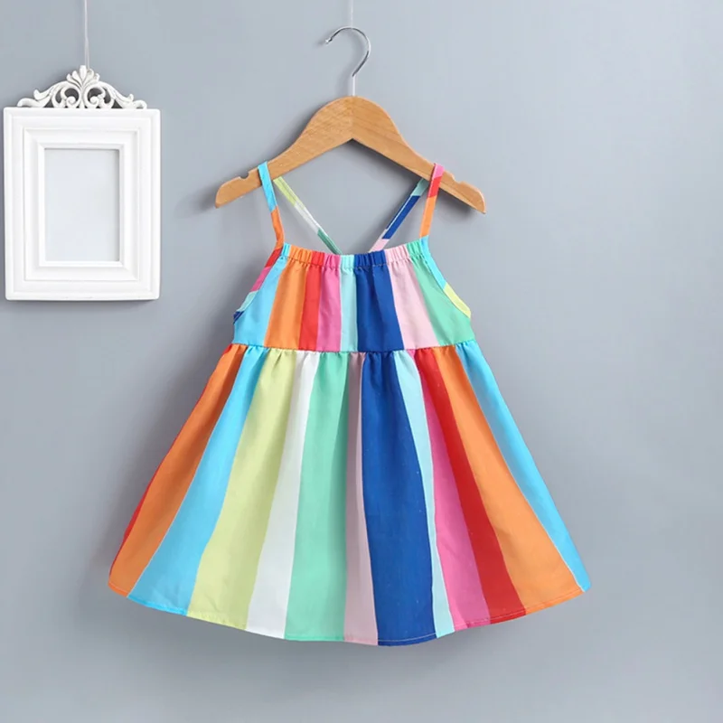 Летнее повседневное модное милое разноцветное Полосатое платье принцессы без рукавов на бретельках для маленьких девочек