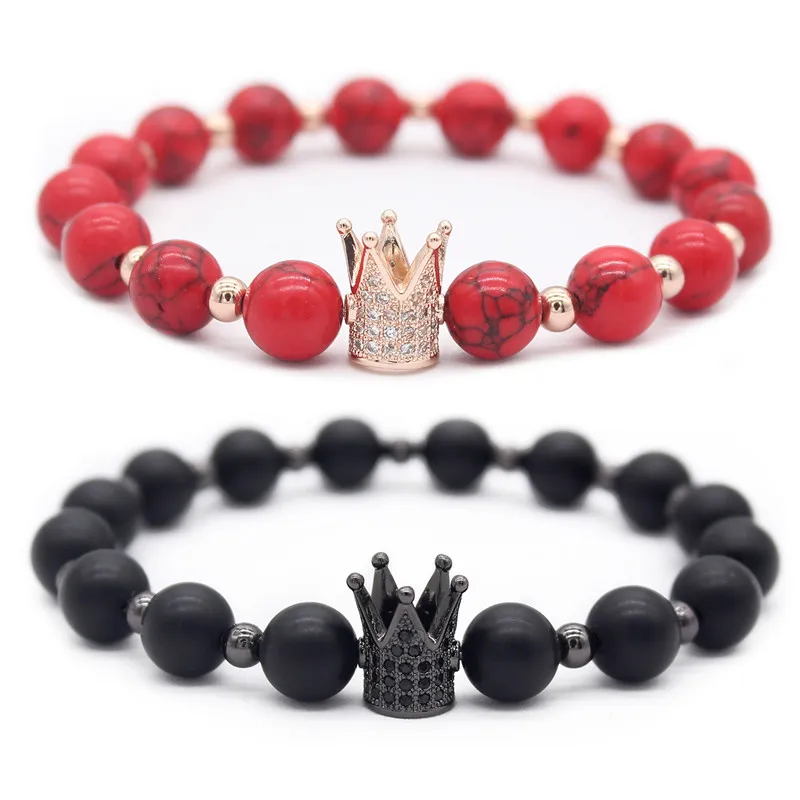 Poshfeel 2 шт./компл. 8 мм натуральный камень браслеты для любителей пара корон подарок День Святого Валентина Mbr180001 - Окраска металла: black red