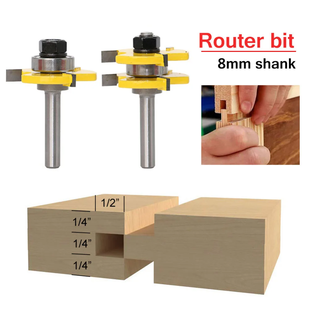  2pcs Woodworking Milling Cutter 8mm Shank Tongue & Groove Joint Assembly Router Bit Set 3/4