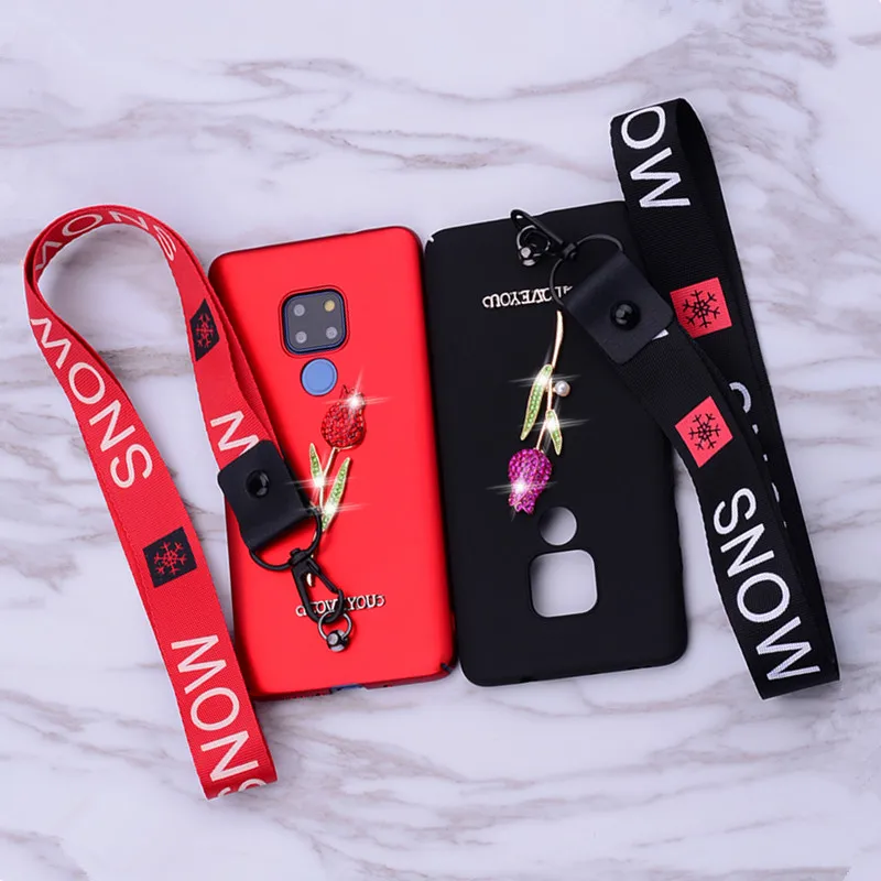 

With Strap phone Case for Huawei Mate 20X 20 10 lite P Smart 2019 honor 10 lite 9 8C 8A 8X 7A 7C pro 7X Bling Rose Lanyard Cover