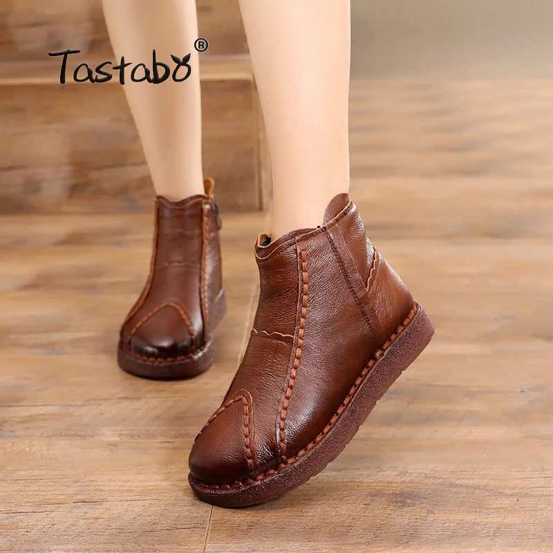 

Tastabo Handmade Boots Women Genuine Leather Ankle Boots Artificial Velvet Handmade Lady soft Flat shoes Casual Women's shoes