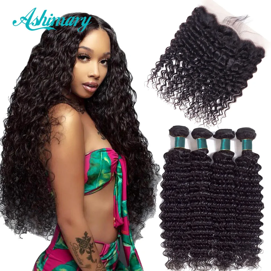 Ashimary Deep Wave Brazilian Hair Bundles with Frontal Remy Hair 2/3/4 Bundles with Frontal Human Hair Bundles with Lace Frontal