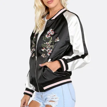 

Women's fashion jackets floral embroidery casual satin shirts pockets zippers outwear shirts winter coats hot sale new jackets