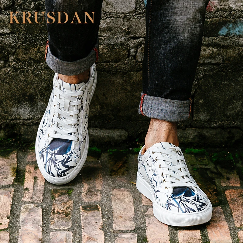 Pisos Calidad Cuero Zapatillas Hecha Masculino De Zapatos Impresión Los Mano Hombres Moda Adulto White Tenis A Genuino Costura Alta 6Sf1gf