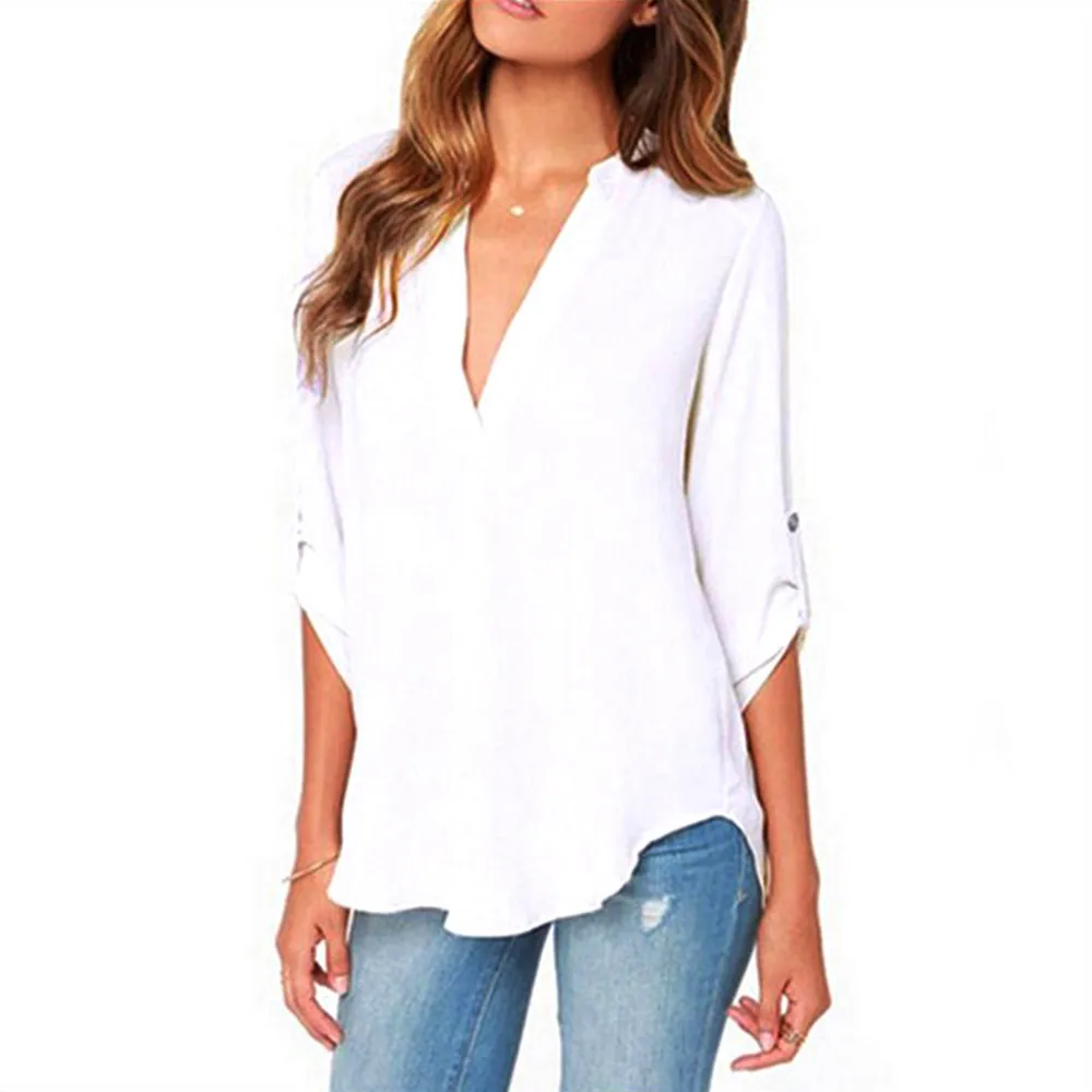 Blusas Femininas Женская однотонная шифоновая блузка с v-образным вырезом, топы, сексуальная модная рубашка с длинным рукавом, блузки, 4 цвета, большие размеры m-xxl