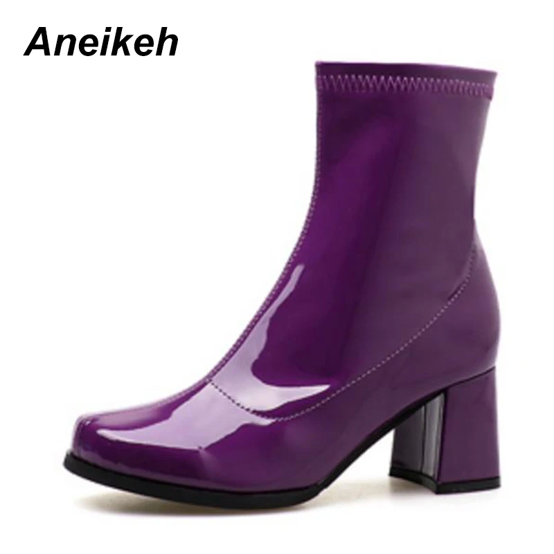 

Aneikeh Woman Shoes Patent Leather Ankle Boots Zipper Knights Boot Fashion Round Toe Heels Short Boots Zapatos mujer Black blue