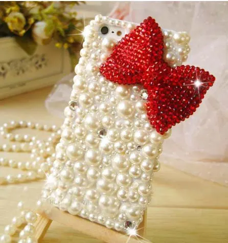 For Mobile Phone Sparkly Pearls Rhinestones Bling Cute Red Bow Hard Cover Case 