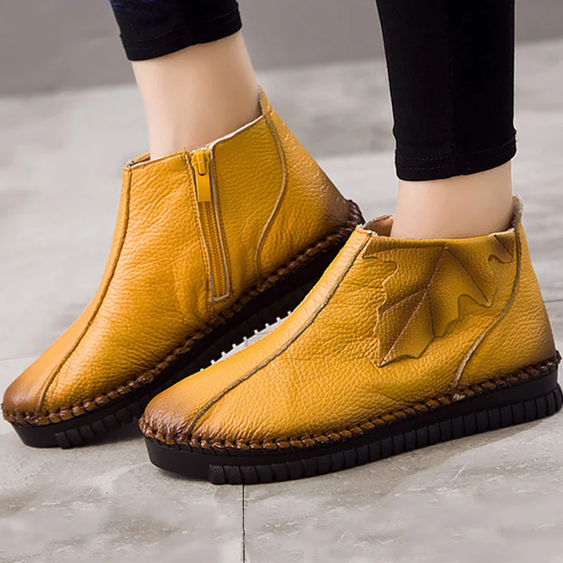 

Flat ankle boots for women large size 4.5-10 sewing genuine leather woman boots short plush warm snow boots waterproof