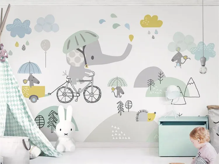 

Custom personalized cute bicycle elephant hamster cloud children background wall paper papel de parede papier peint