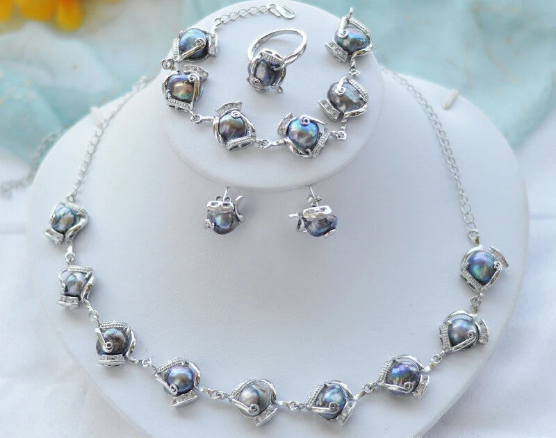 

Hot sell Noble- z5136 black baroque freshwater pearl earring bracelet necklace (A0423)