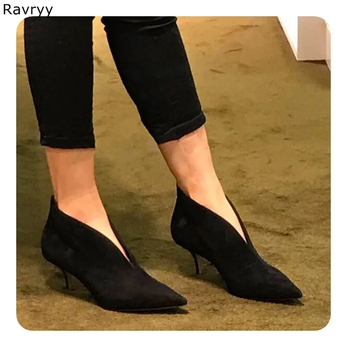 

Luxury Fashion black suede Women's high heel female Ankle Boots Slip-on Heels Pointed Toe V-shaped open line design single shoes