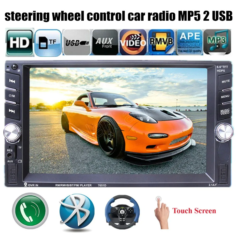 new 2 DIN Audio Bluetooth 2 USB port 6 6 inch touch screen steering wheel control