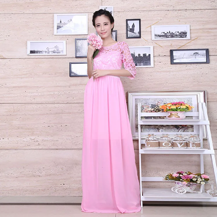 Женское розовое длинное платье макси, шифоновое Кружевное Платье макси с рукавом до локтя, вечернее платье для подружки невесты