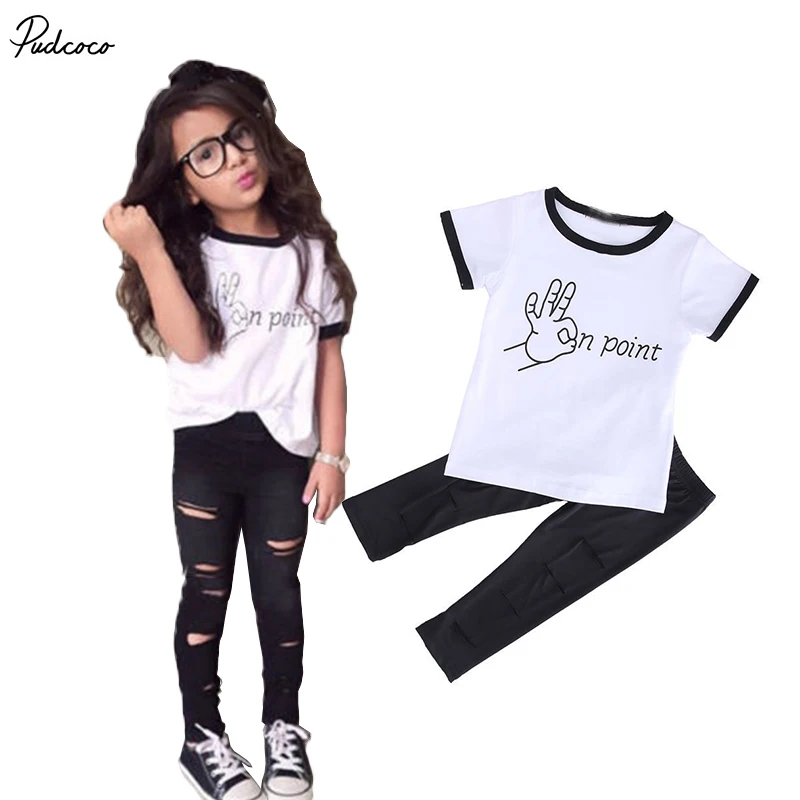 

2017 Summer Kids Baby Girls Letter On Piont Short Sleeve T-shirt+Pants Leggings 2pcs Outfits cotton Clothes Set