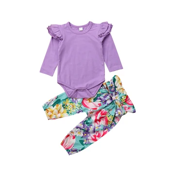 

Baby Girl Clothing Set Newborn Kids Ruffles Long Sleeve Solid Purple Cotton Bodysuit Tops+Floral Pant 2PCS Outfits Girls Clothes