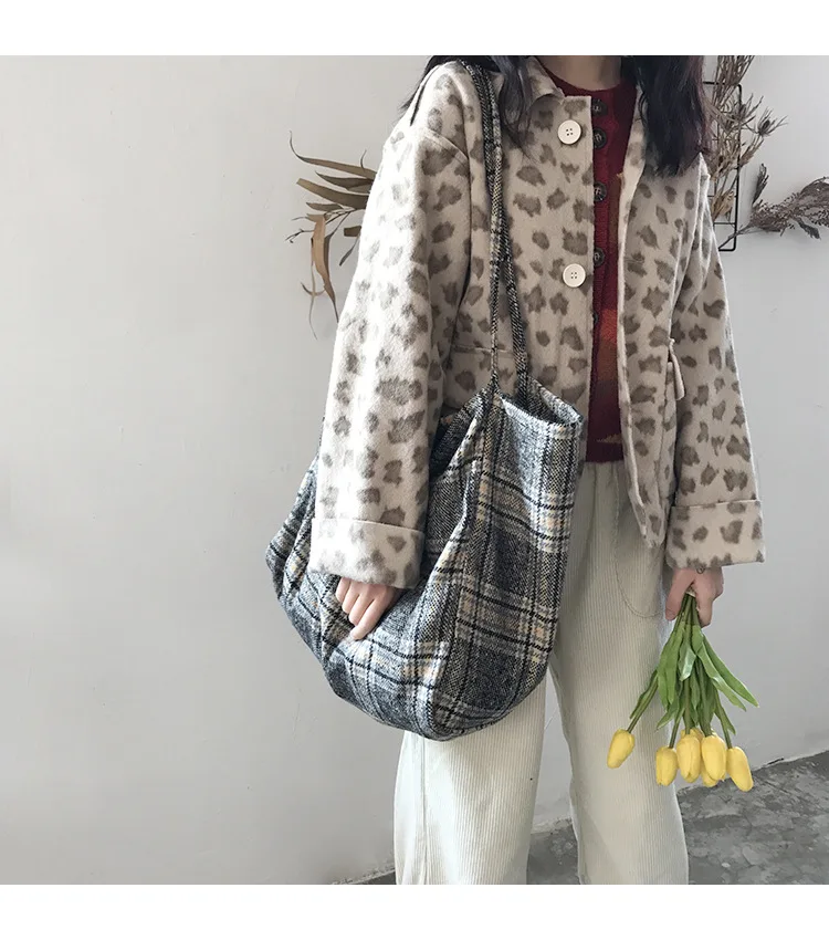 Women Woolen Canvas Bags Scottish Pattern Vintage Plaid Female Large Capacity Big Tote Handbag Ladies Casual Shoulder Bag