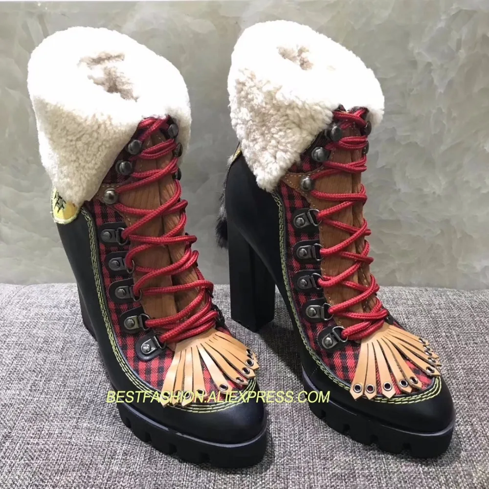 

2018 Hot Autumn Winter Leather Boots Shoes Woman High Square Heels Lace Up Wool Shearling Short Boots Designer Mujer Boots Tide