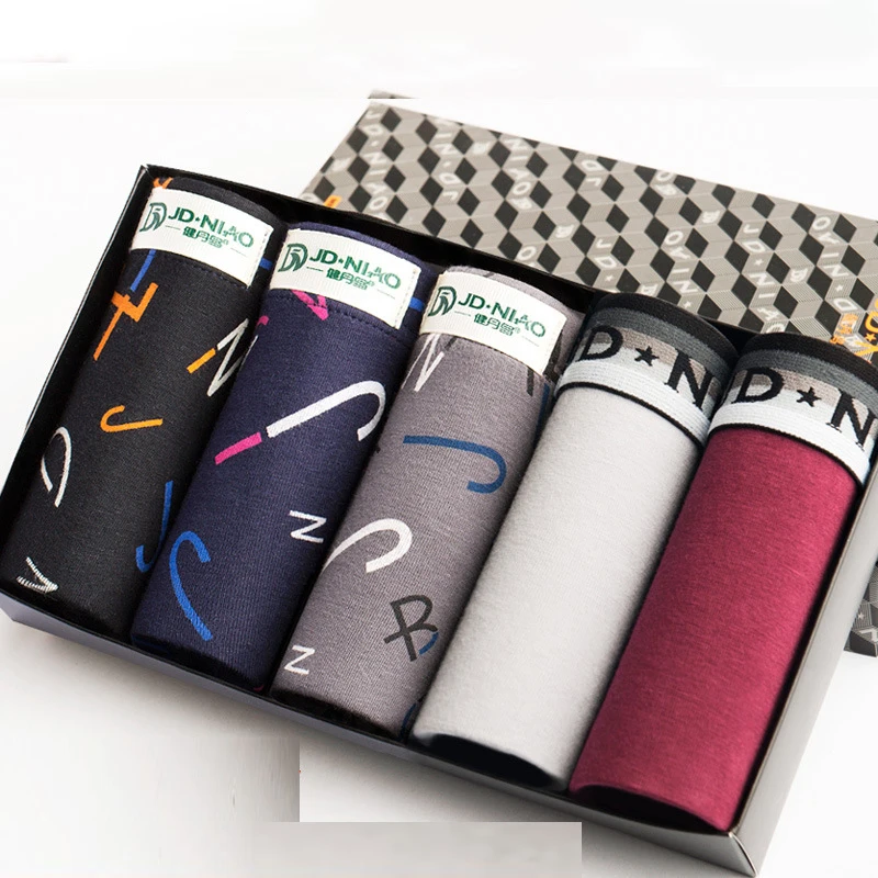 Online 5 unids lote boxeador masculino en algodón ropa interior hombres sólido estampado Hombre Boxers Homme cómodos calzoncillos suaves bragas masculinas transpirables