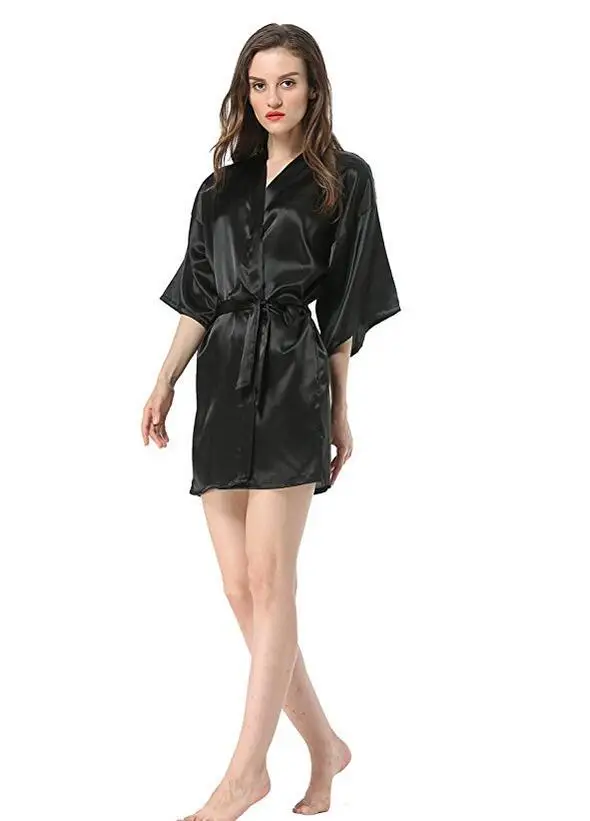 Chinese Women's Faux Silk Robe Bath Gown Kimono Yukata Bathrobe Solid Color Sleepwear S M L XL XXL NB032
