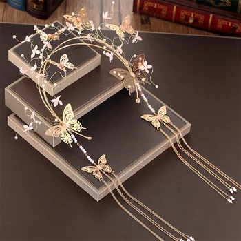 

Baroque headband gold butterfly Tassel tiara brides wedding hair accessory