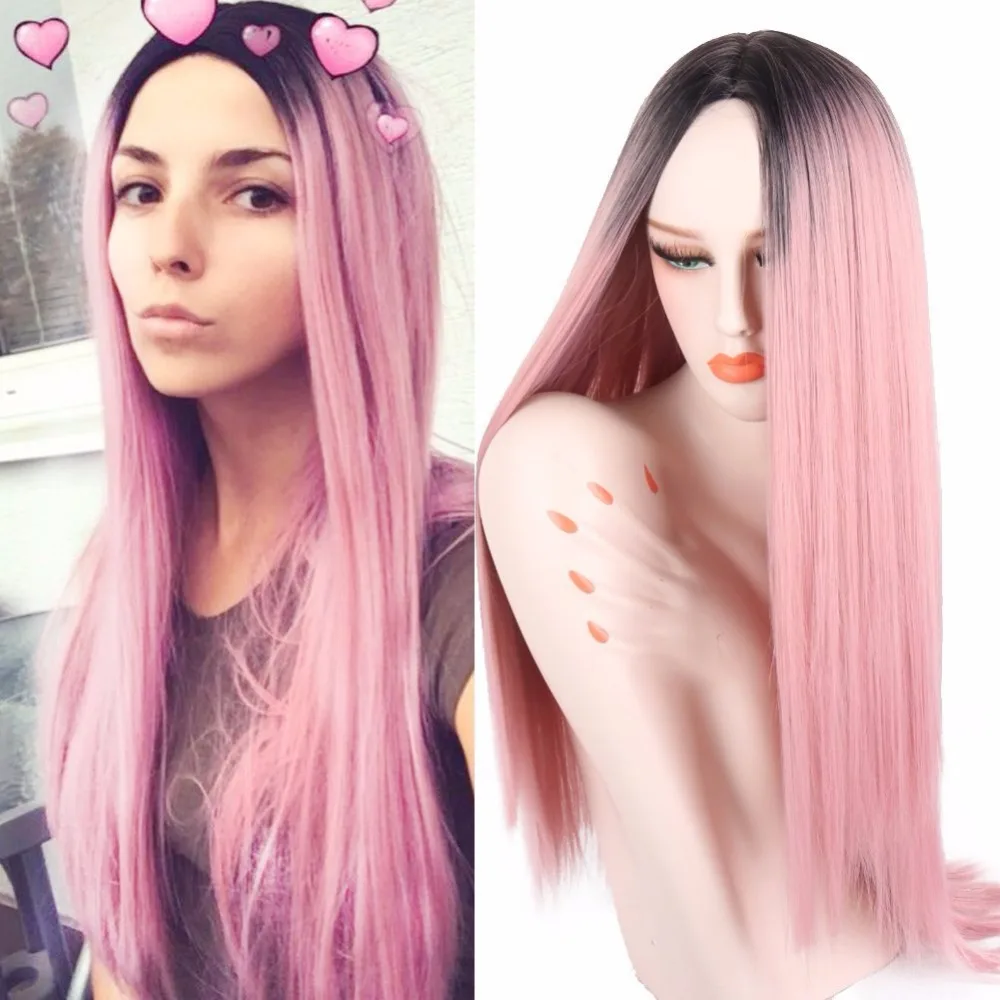 Deyngs 30inch Long Straight Ombre Light Pink Synthetic Wigs for BlackWhite Women Middle Part Wigs Dark Roots Heat Resistant Wig