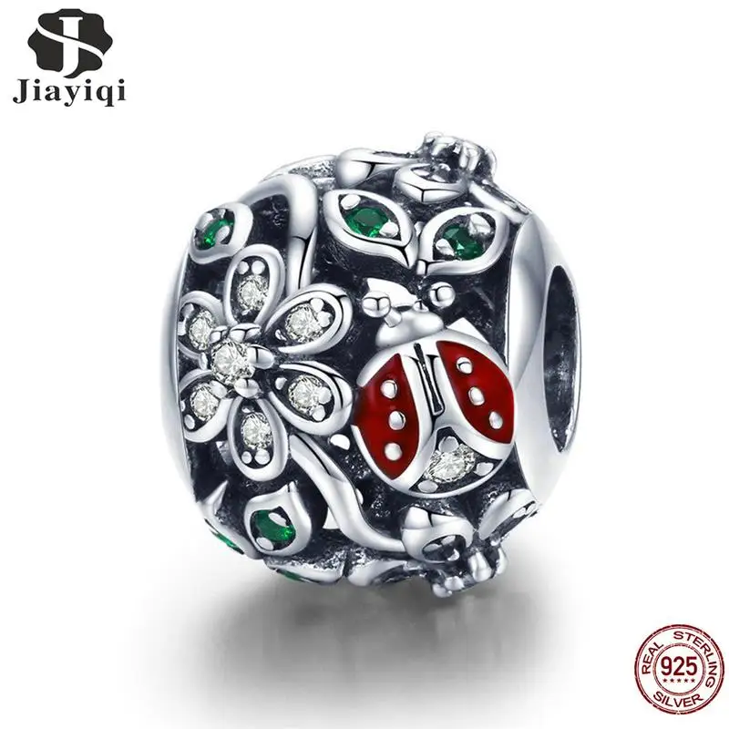 

Jiayiqi 925 Sterling Silver Beads Red Ladybug Flower Wonderland CZ Crystal Charms Fit Bracelet Bangle Jewelry Making DIY Gifts
