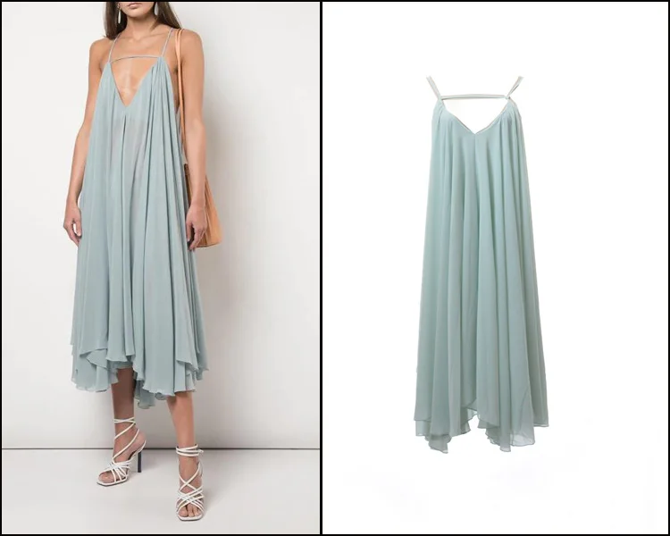 

New 2019 French Summer Folded Chiffon Suspender Long Sexy V neck and Backless Dress