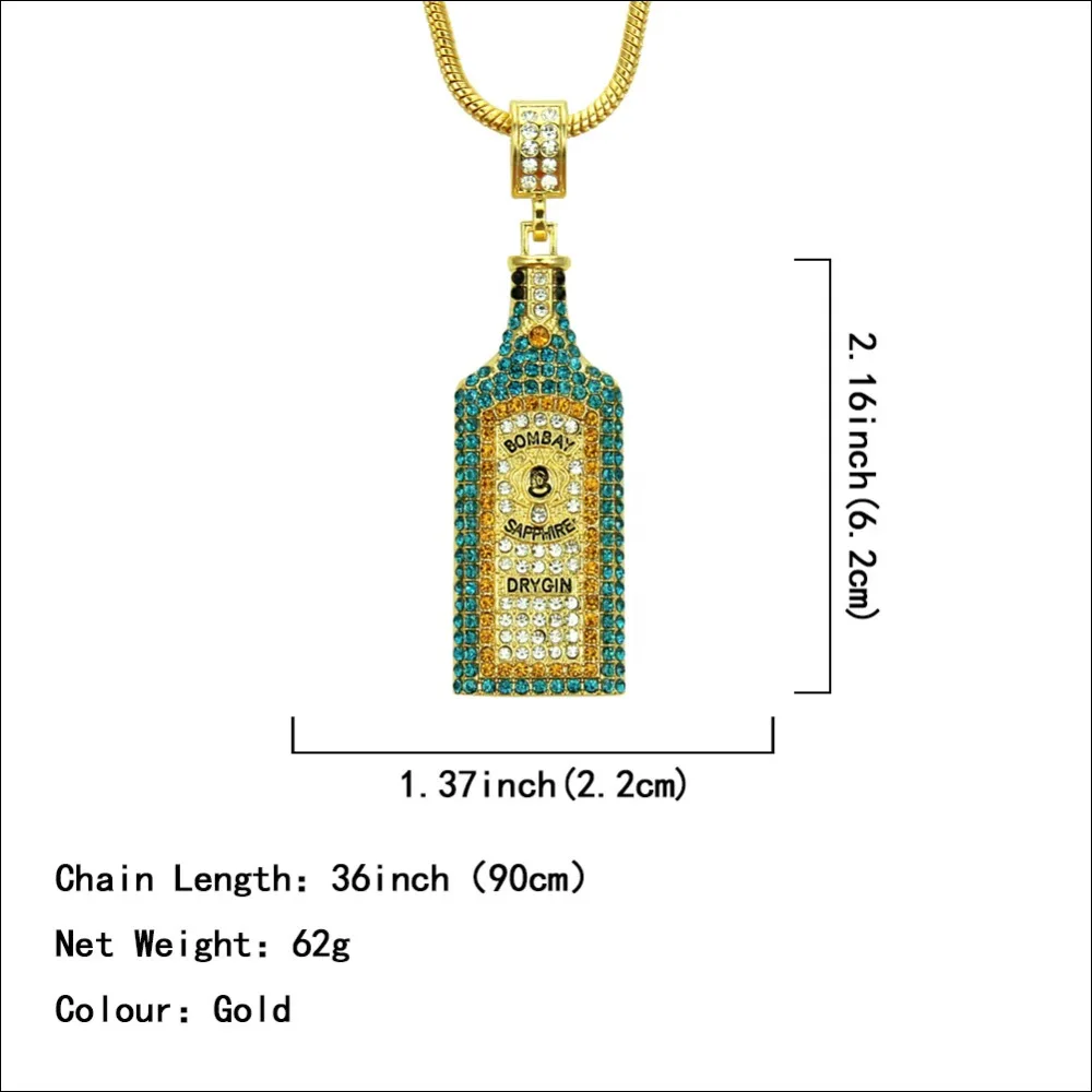 Большие ожерелья в виде бутылки вина, стразы, подвески в стиле хип-хоп, для мужчин и женщин, золотой цвет, модные ювелирные изделия для рокера