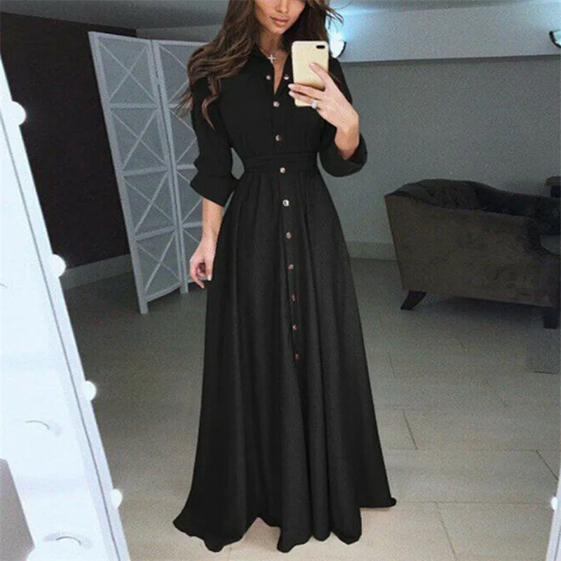 

Ladies Sexy Long Maxi Dress With Buttons Femmes Fashion Sleeve Floral Boho Vestido Elegant Women Party Bodycon Dresses Plus Size