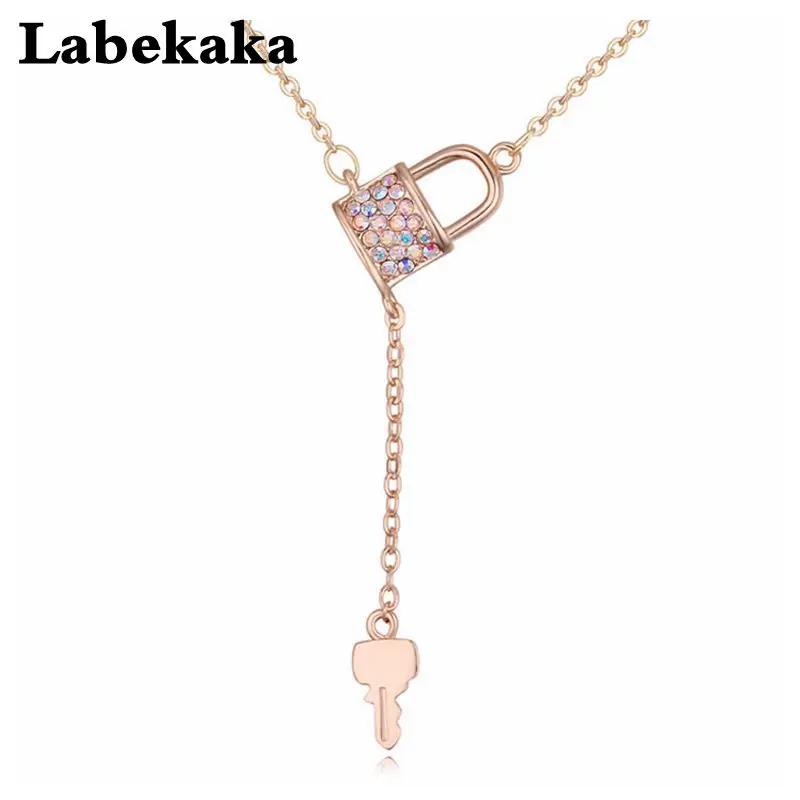 

Labekaka Trendy Wedding Crystal Jewelry for Women Lock Key Y Necklace Pendant Czech Jewellery Girl Birthday Gift Wholesale