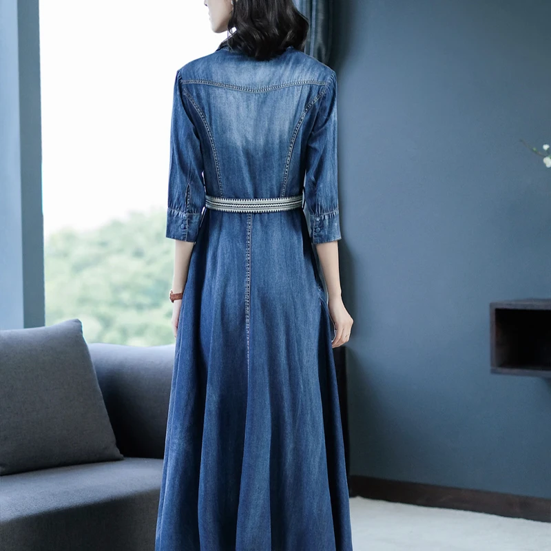 Dress Women Boho Long Denim Vestidos Half Sleeve A-line Blue Elegant Vintage Denim Jeans Dresses