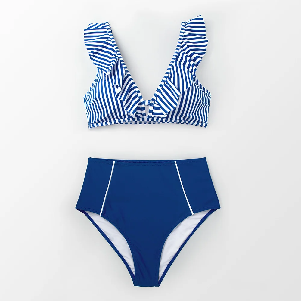 CUPSHE, сексуальный комплект бикини в синюю полоску с высокой талией и оборками, женские милые купальники из двух частей,, пляжные купальники для девочек