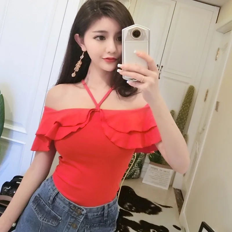 

Summer t shirt women Sexy Women's Slash Neck tshirt Simple Strap Short Sleeve Ruffles Solid Slim vintage T-Shirt