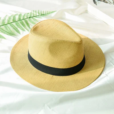 Новые Летние головные уборы для мужчин и женщин Соломенная Панама, шляпы однотонные простые с широкими полями пляжные шляпы с лентой унисекс шляпа от солнца Fedora - Цвет: beige yellow