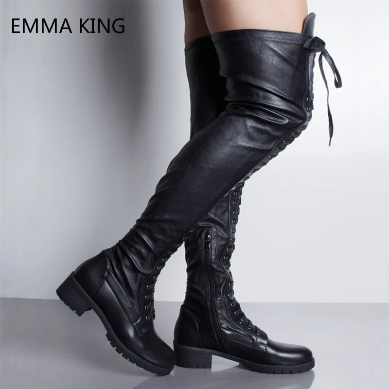 

Black Lace Up Over The Knee Stretch Boots For Women Thick Heels Leather Side Zip Knee High Knight Boots Round Toe Casual Shoes