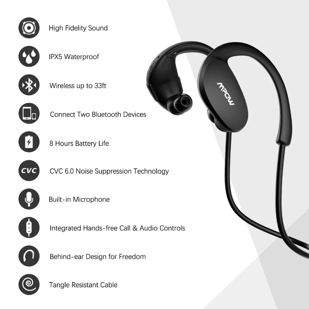 Mpow Bluetooth 4,1 наушники для защиты от пота спортивные наушники HiFi стерео Беспроводной наушники С микрофоном для iPhone X/8/7/6 huawei