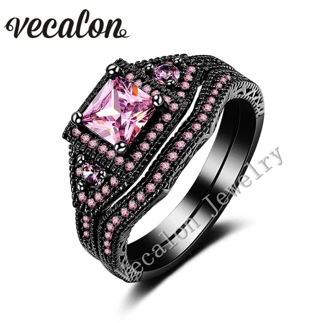 vecalon tremdy wedding band ring set for women pink stone aaaaa zircon cz 10kt black gold - Black And Pink Wedding Ring Sets vecalon tremdy wedding band ring set for women pink stone aaaaa zircon cz 10kt black gold - Black And Pink Wedding Ring Sets