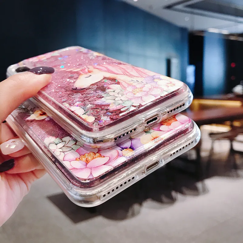 Розовый Единорог цветок сыпучий песок с блестками силиконовый чехол для телефона Smart Mobile для iphone 7 8 6 S 5 SE Plus X XS XR Max Girl подарок