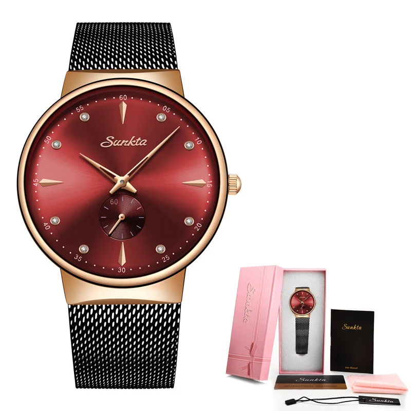 

SUNKTA Fashion Alloy Belt Mesh Watch Unisex Women's Watches Minimalist Style Quartz Watch Relogio Feminino Watches For Women+Box