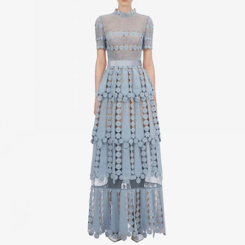 

2019 Fall Women Long Dress Runway High Waist Tiered Lace Dresses