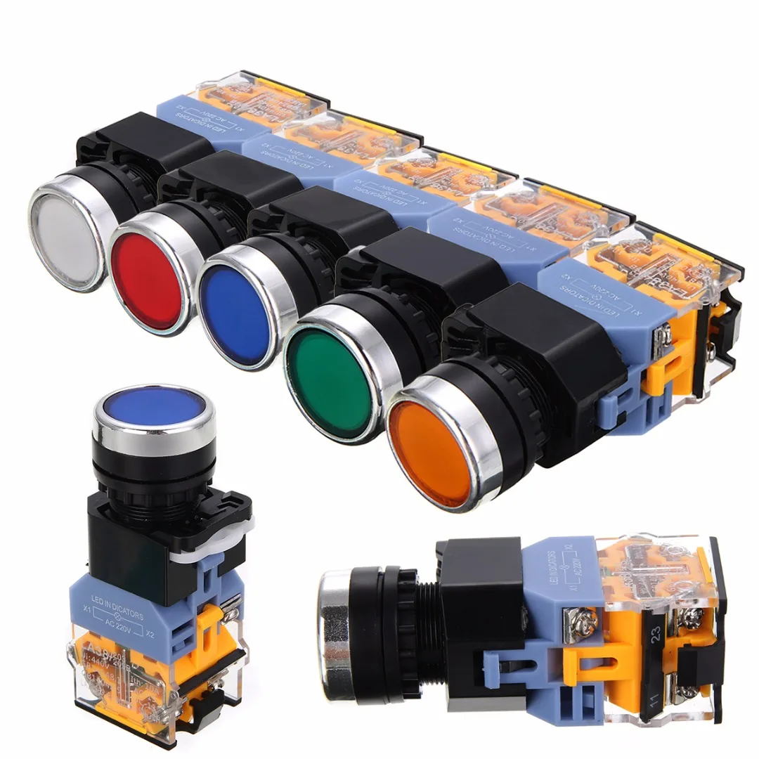 NO+NC START STOP DPST LED Momentary Push Button Switch AC 220V For Starter Contactor Relay Mayitr