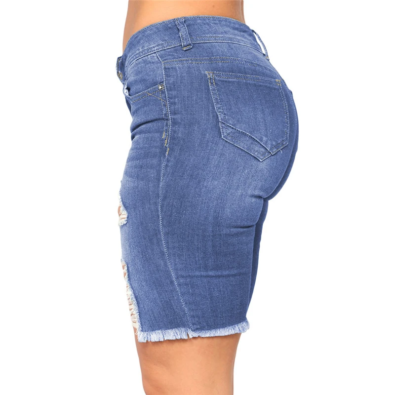 Сексуальные джинсовые шорты для фитнеса, рваные, для женщин, хит, для девушек, с потертостями, стрейчевые, летние, синие джинсы, шорты-бермуды размера плюс