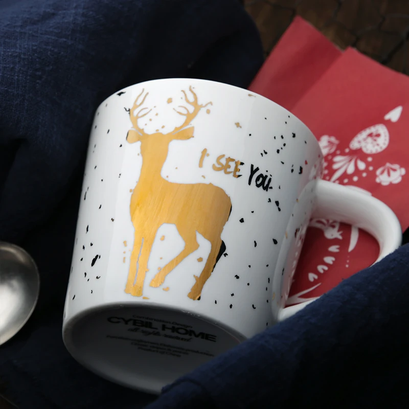 Novelty Xmas Golden Reindeer Ceramic Cup Personality Milk Juice Taza De 
