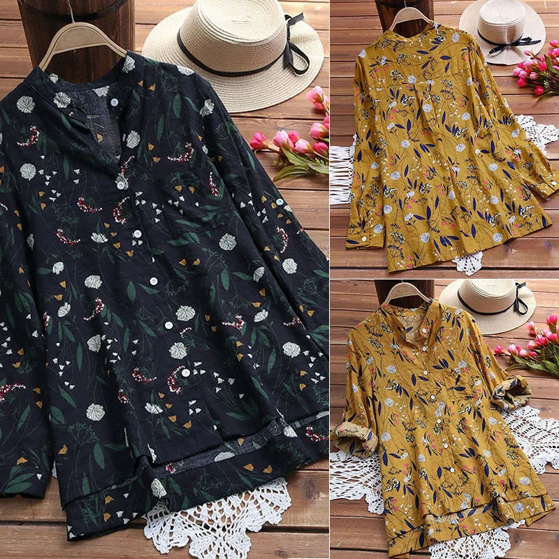 Floral Printed Blouse Tops Lady Large Size Long Sleeve Shirt Women 2018 Autumn V-Neck Medium Length Shirts Femme Literary Blusas