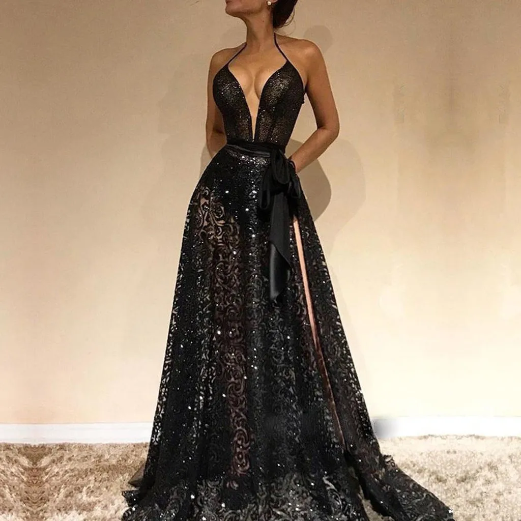 

2019 Summer Dresses V-Neck Glitter Sequin Ball Gown Backless Party Maxys Long Prom Gown Long Dress Robe De Soiree