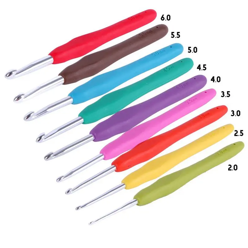 

9Pcs New DIY Crafts Tools Soft Rubber handle Aluminum Hook Crochet hooks Template Kit TPR Knitting Needles For Loom Tool