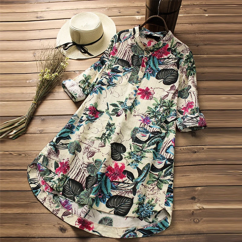 

New Summer Dress Work OL Cotton Linen Pleated Mini Dresses Women O-neck Collar Long Sleeve Boho Floral Printed Dress Pocket