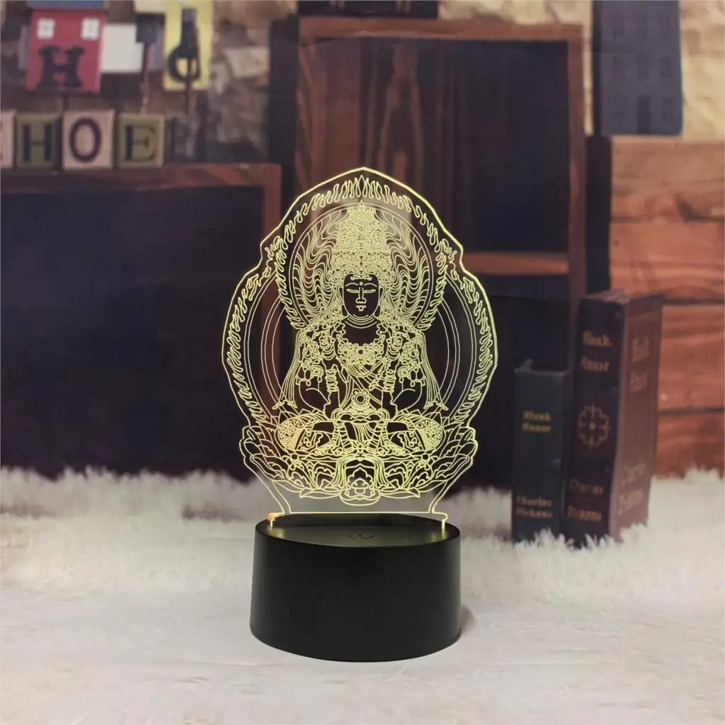 Buddhistic Religion Buddha Statue 3D Lamp Battery Pious Gift LED USB Mood Illusion Night Light Multicolor Temple Table Decor